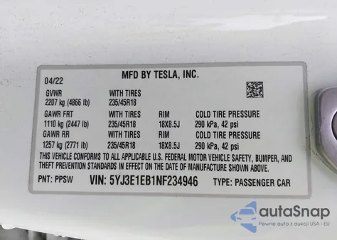 2022 Tesla Model 3 Long Range Dual Motor All-Wheel Drive from USA, damaged, VIN 5YJ3E1EB1NF234946